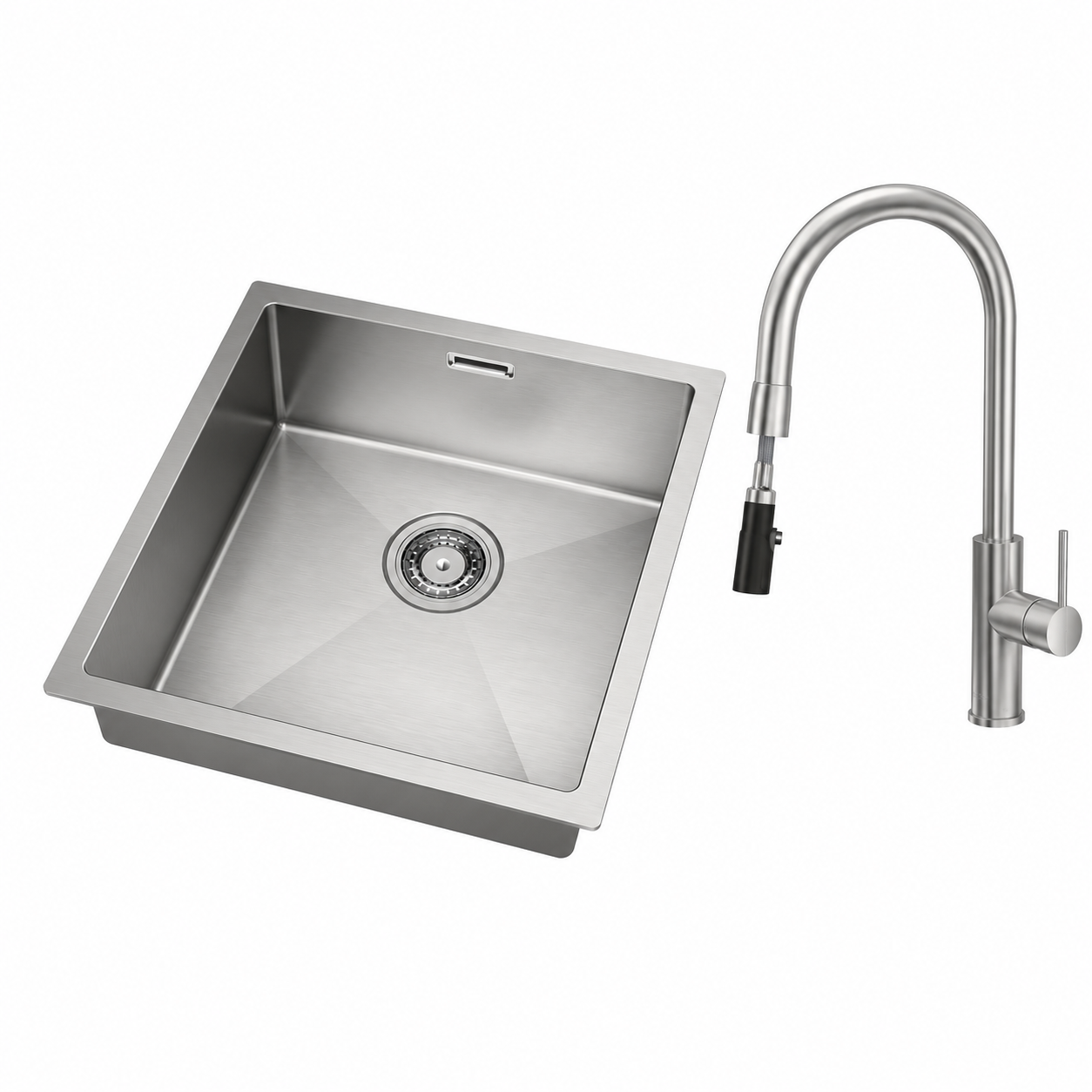 Évier de Cuisine Inox 1 Bac 50x44 cm avec Mitigeur Douchette Extractible