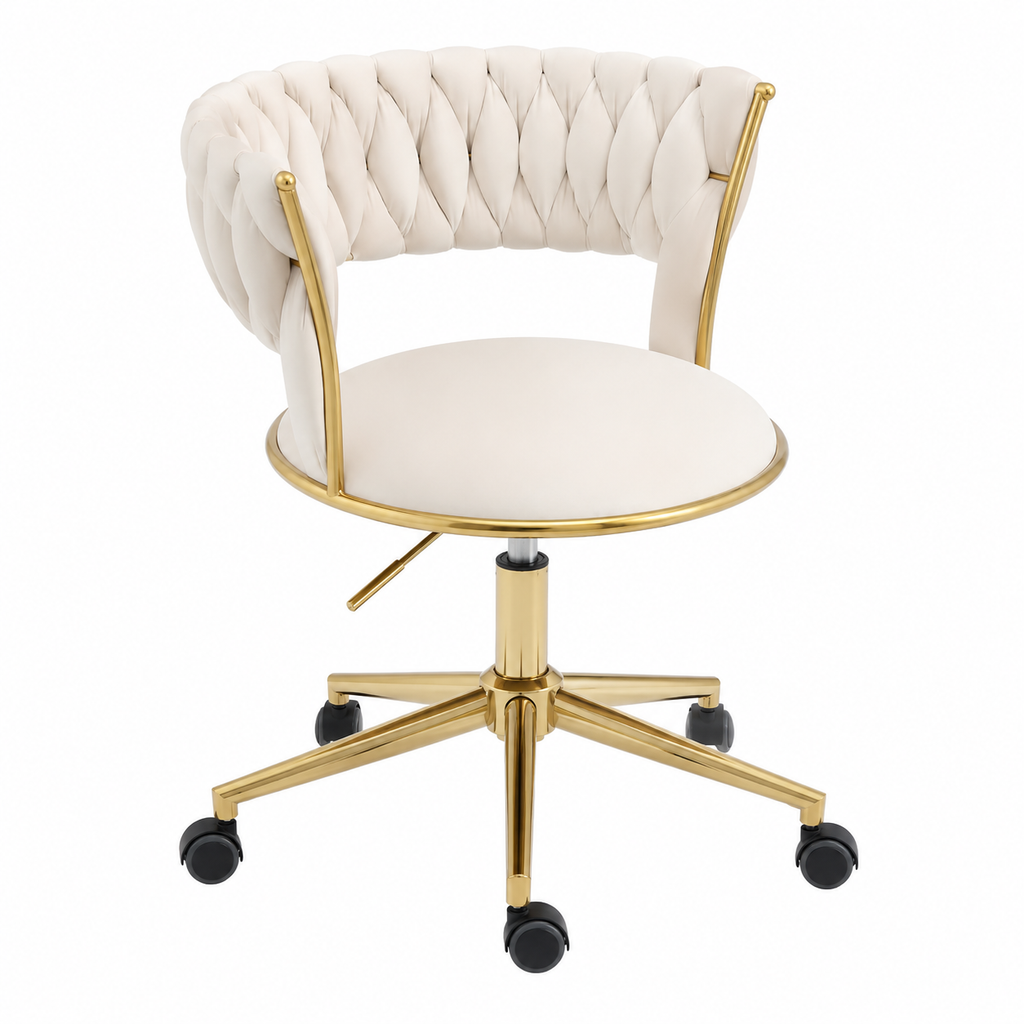 Chaise rotative en tissu beige avec structure métallique dorée et découpe ajourée, hauteur réglable, usage polyvalent