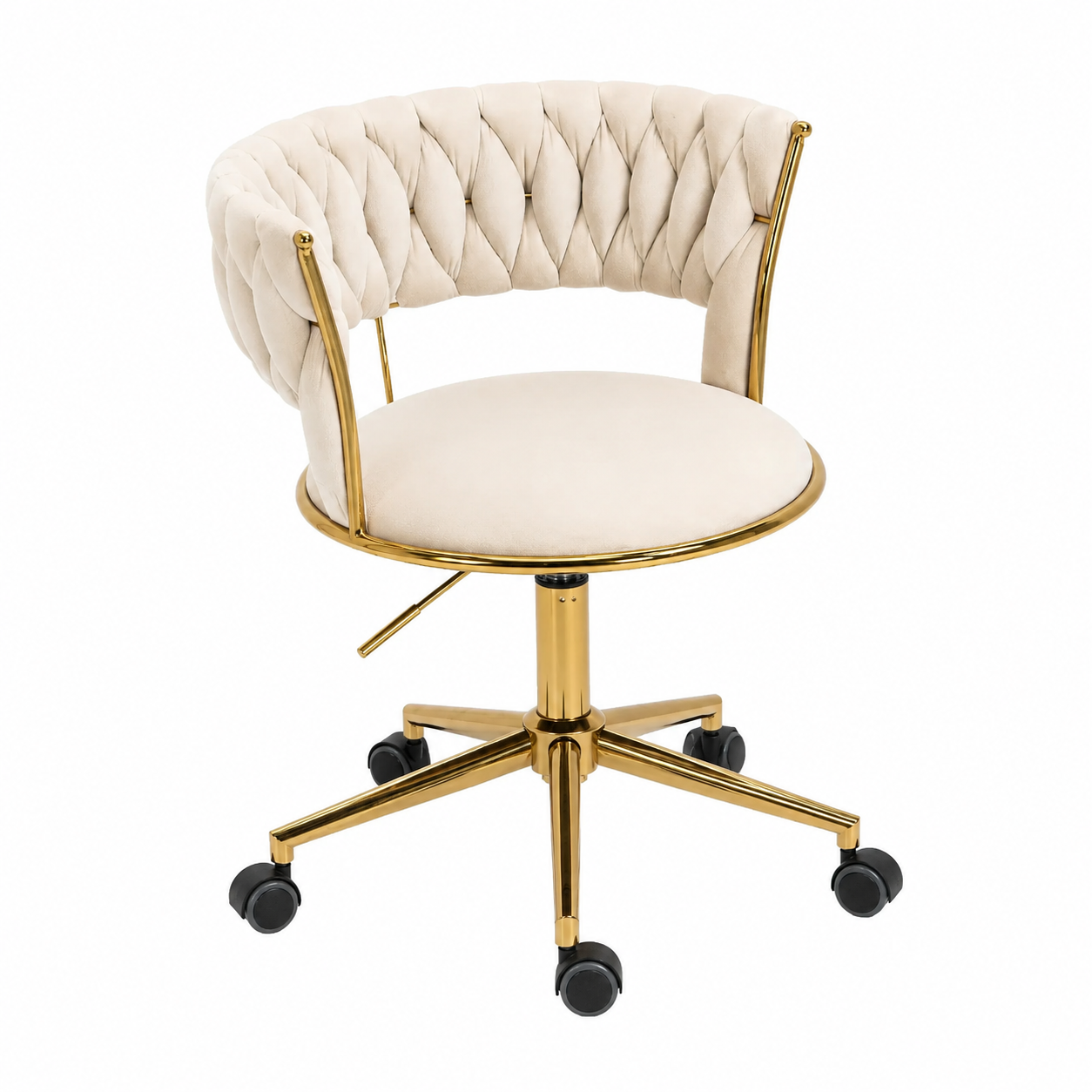Chaise rotative en tissu beige avec structure métallique dorée et découpe ajourée, hauteur réglable, usage polyvalent