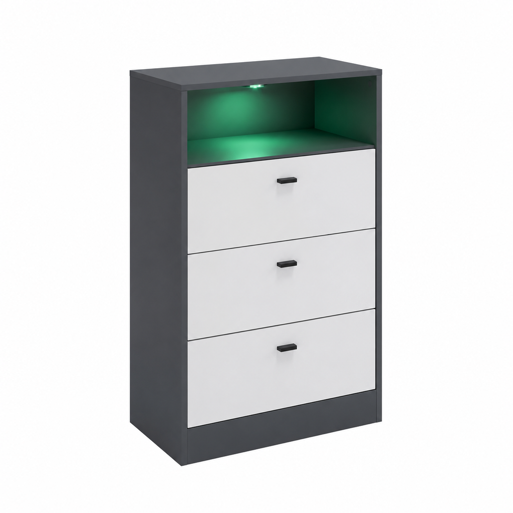 Buffet moderne avec tiroirs et compartiment ouvert, éclairage LED intégré