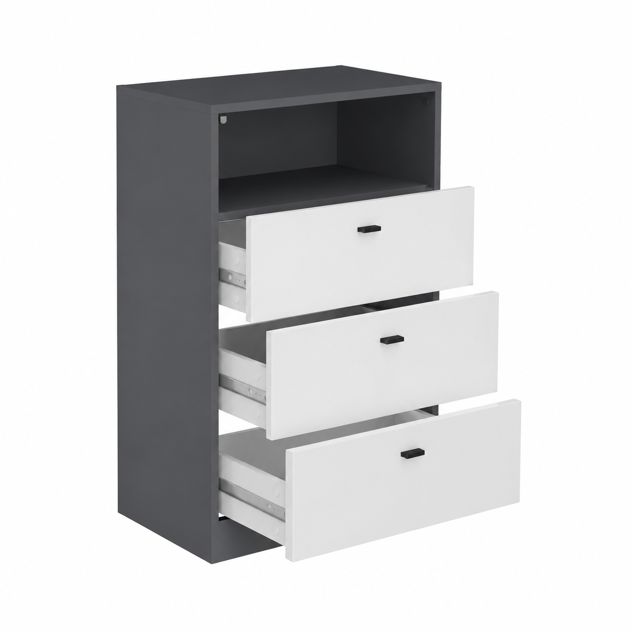 Buffet moderne avec tiroirs et compartiment ouvert, éclairage LED intégré