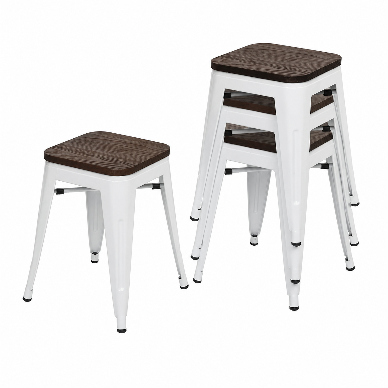 Lot de 4 tabourets avec assise en bois, couleur blanche